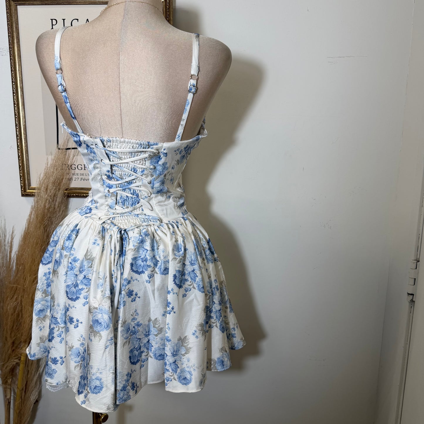 Corset Back Jacquard Mini Dress-Peach/Blue