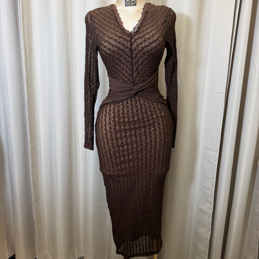 Vneck Lace Midi Dress with twist waist-Brown