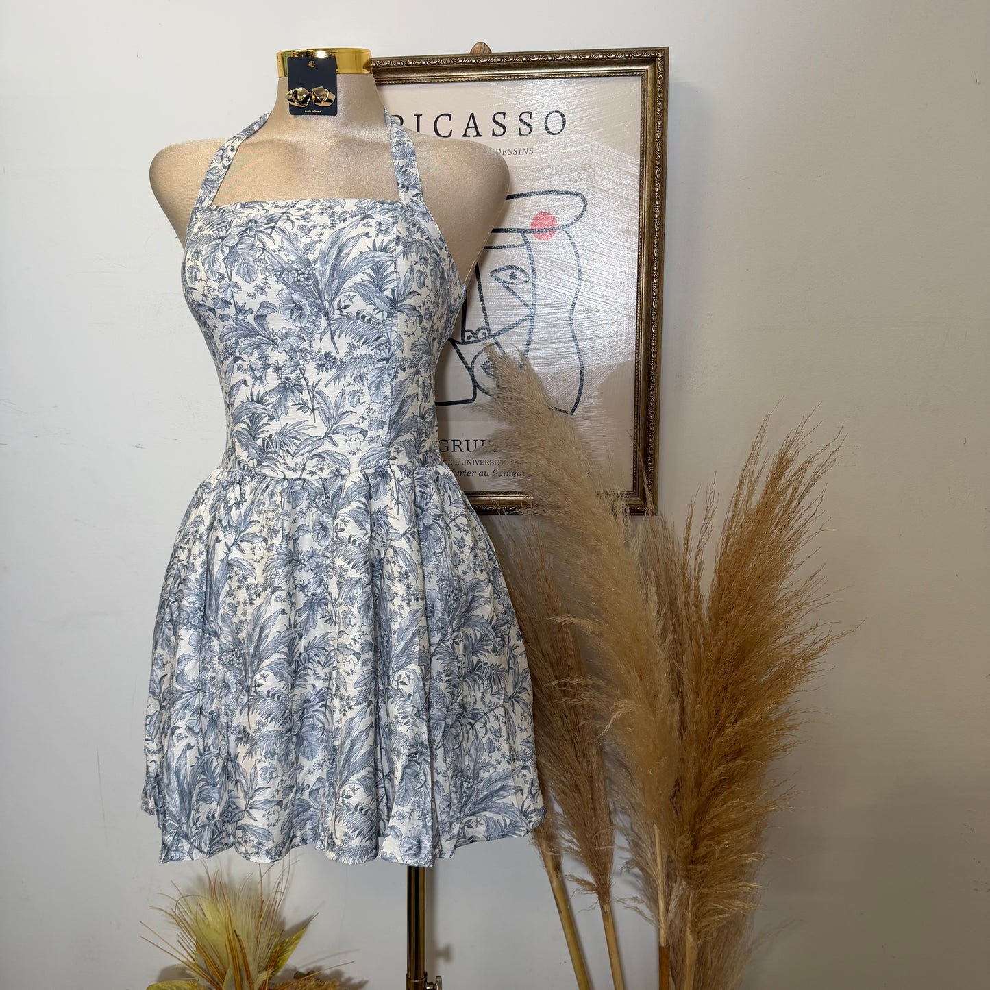 Tropical Toile Halter Mini Dress-Beige/Navy