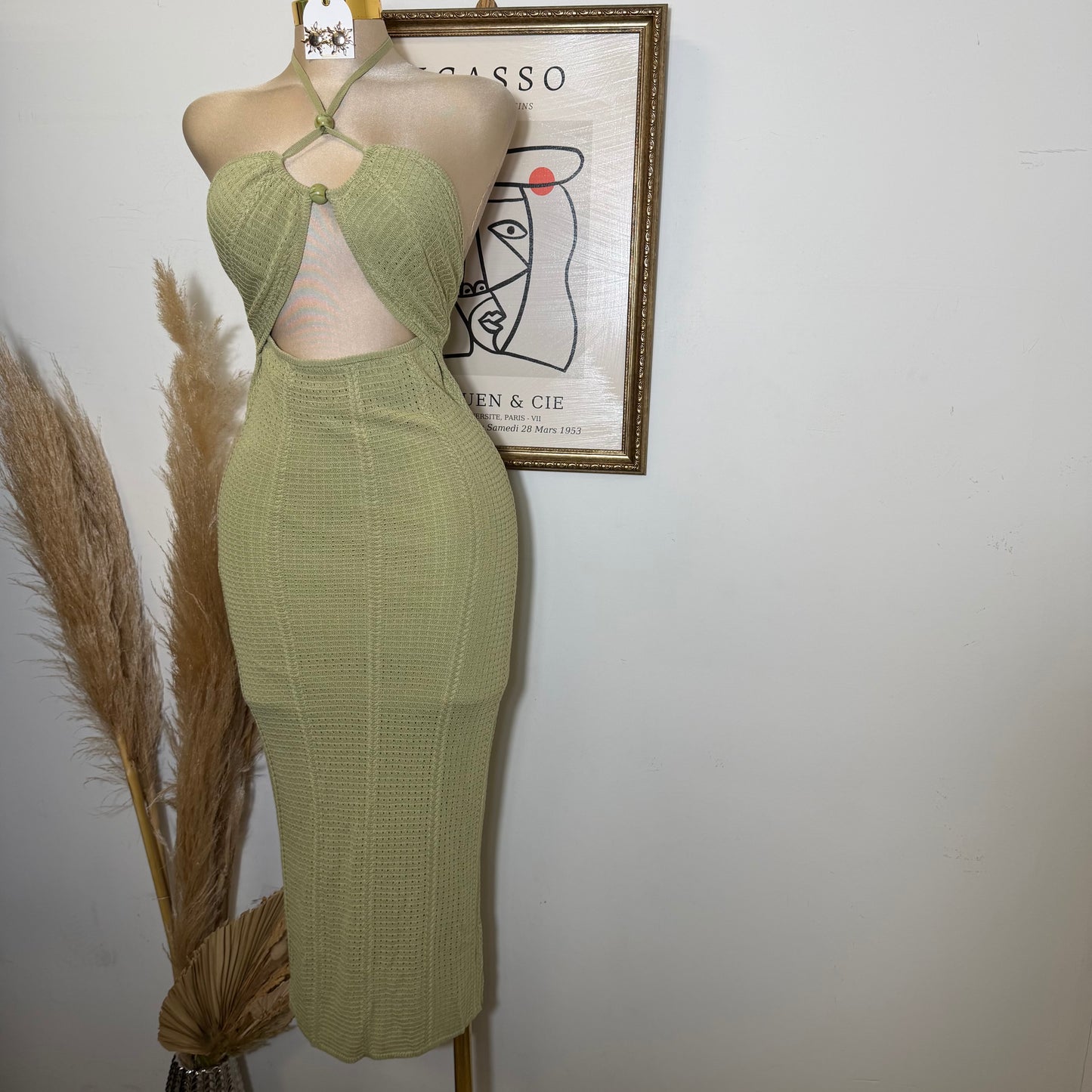Textured Fabric Stone Trim Halter Midi Dress-Sage