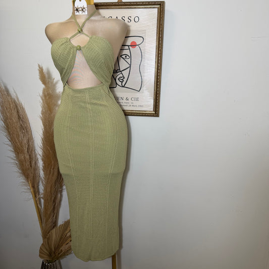 Textured Fabric Stone Trim Halter Midi Dress-Sage