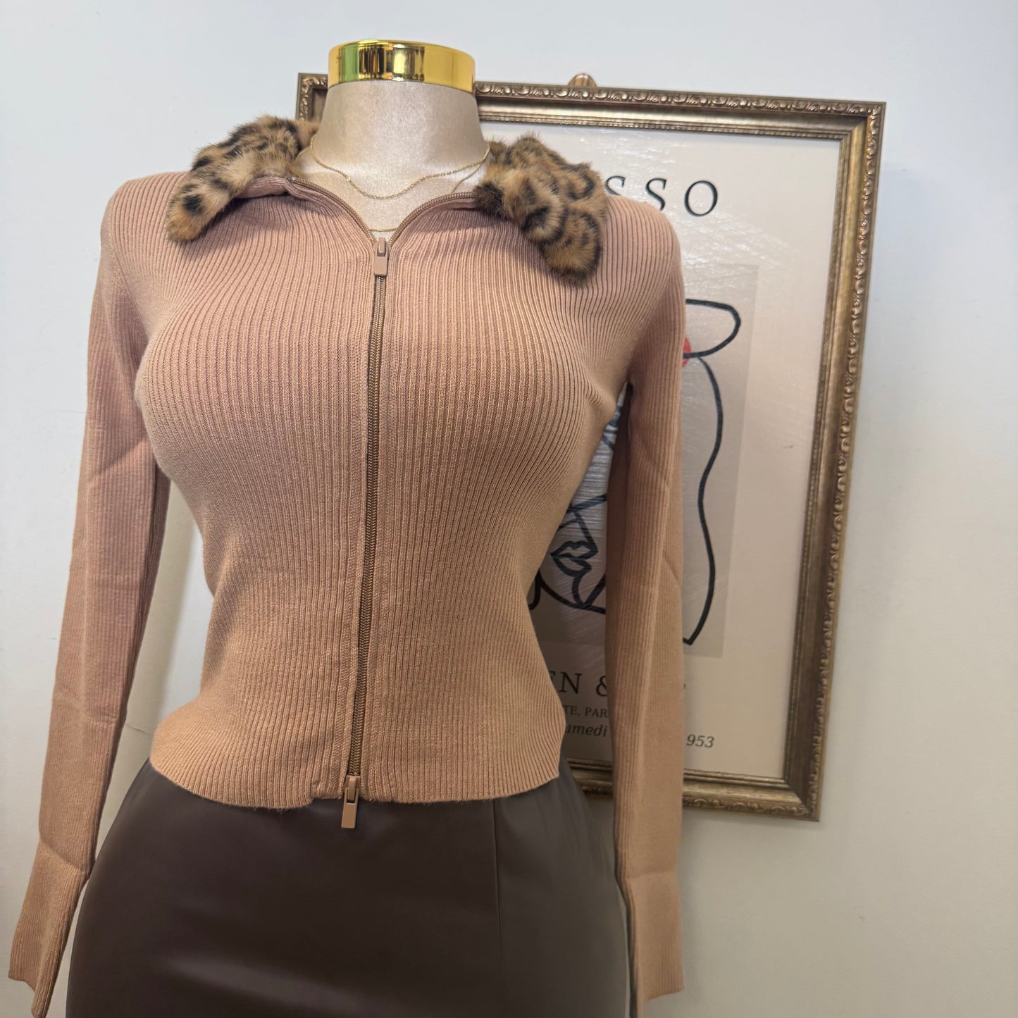 Leopard Fur Collard Double zip-Camel