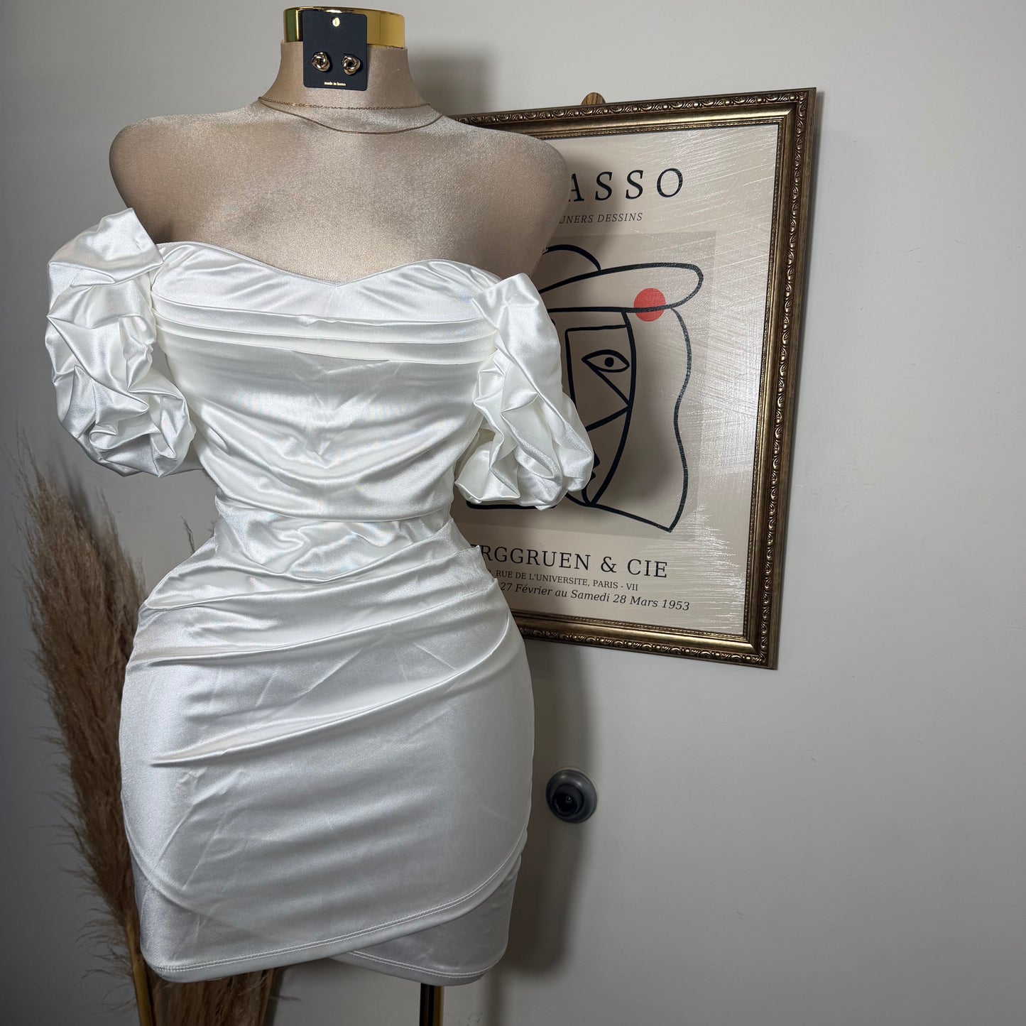 Satin Off Shoulder Dress-White