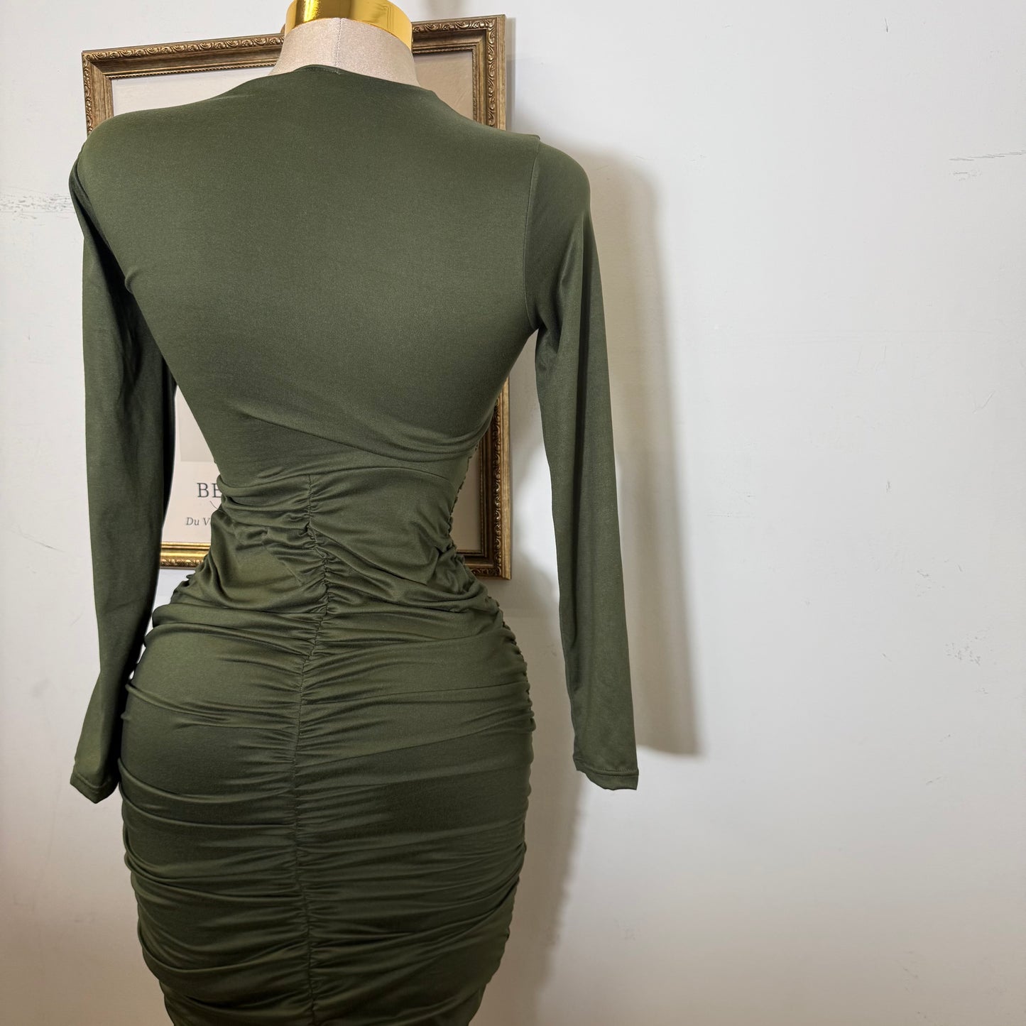 Long Sleeve Double Layered Midi Dress-Olive