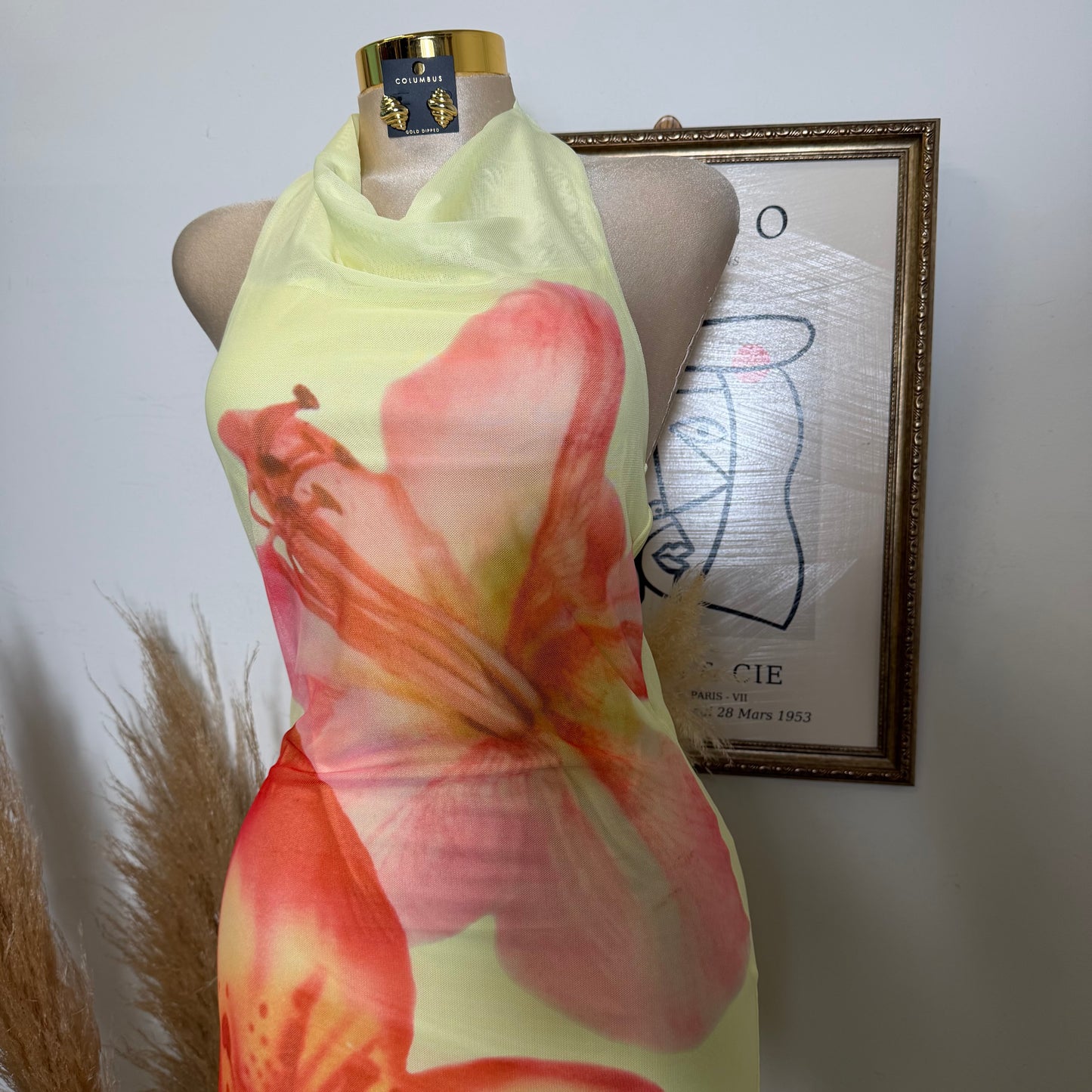 Mesh Tropical Floral Print Halter Neck Button Tie Midi Dress-Yellow