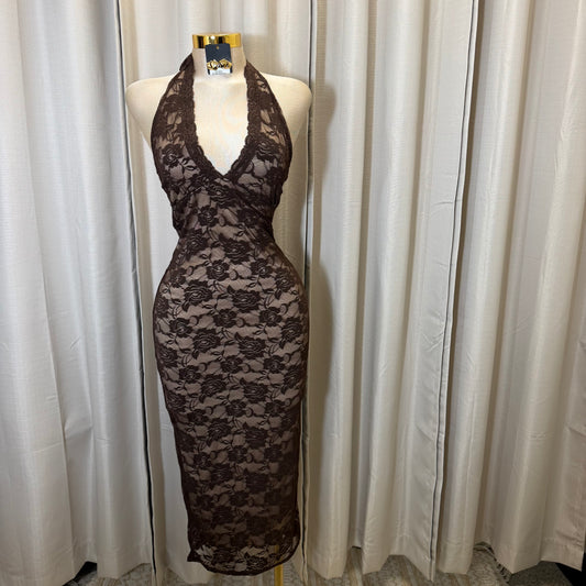 Halter back Tie Open back lace midi Dress-Brown