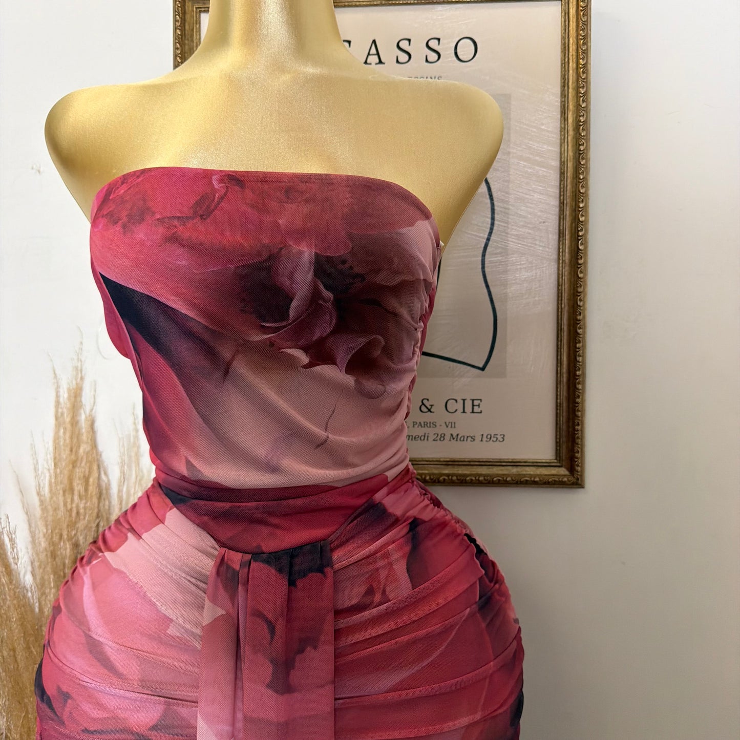 Big Flower Mesh Maxi Tube Dress-Magenta Combo