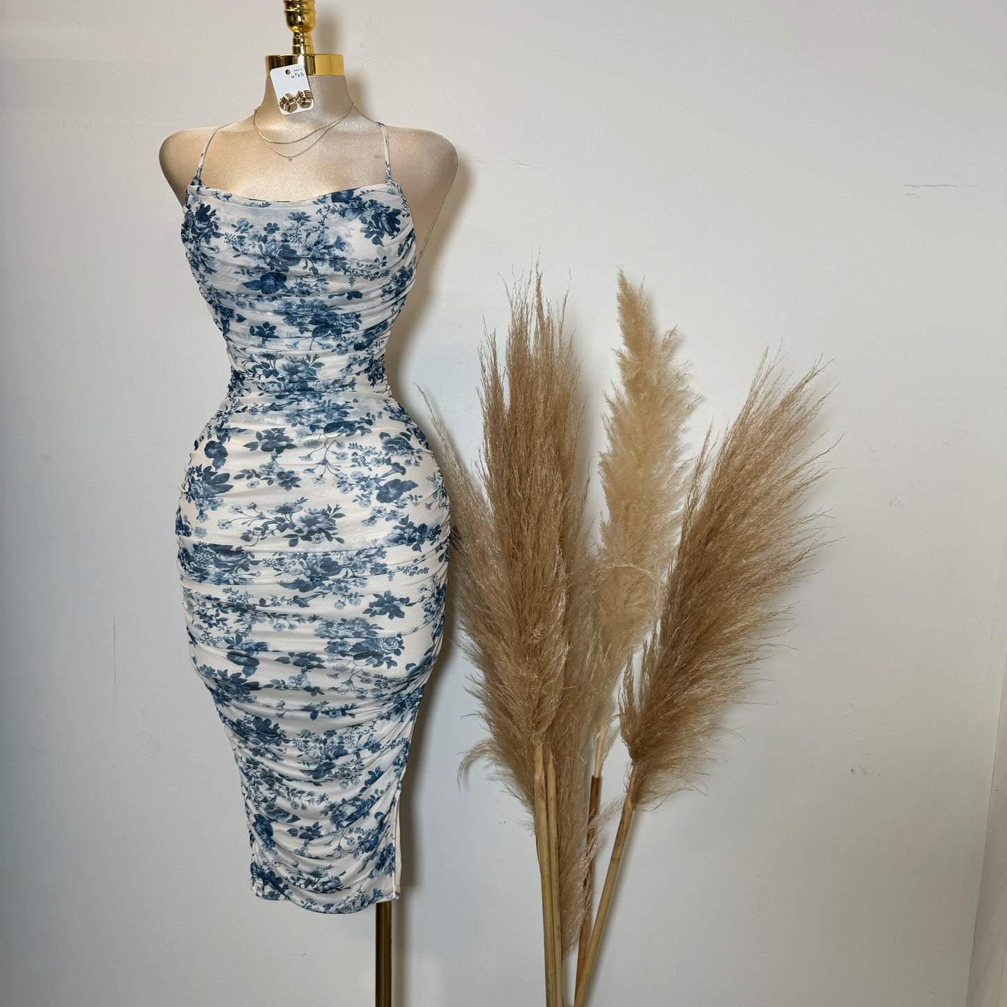 Floral Pleated Neckline Ruched Mini Dress-Blue/White