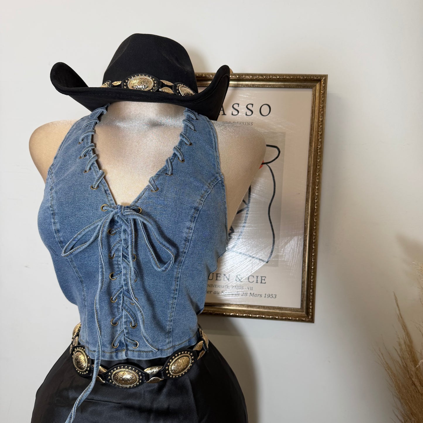 Halter Denim Lace Up Vest-Denim