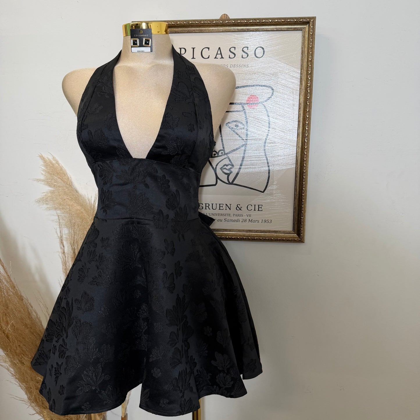 Satin Jacquard Halter neck Mini Dress-Black