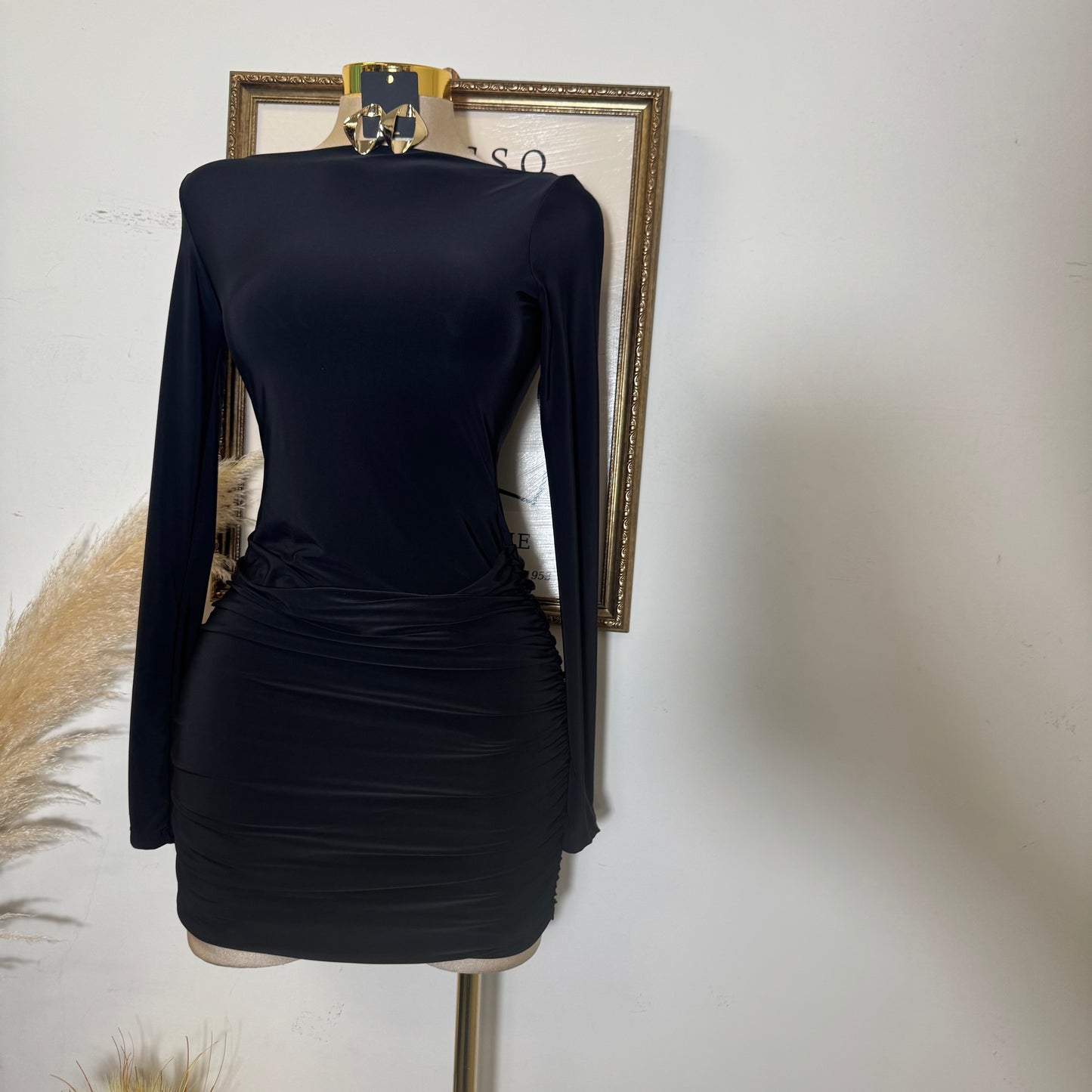 Long Sleeve Ruched Mini Dress-Black
