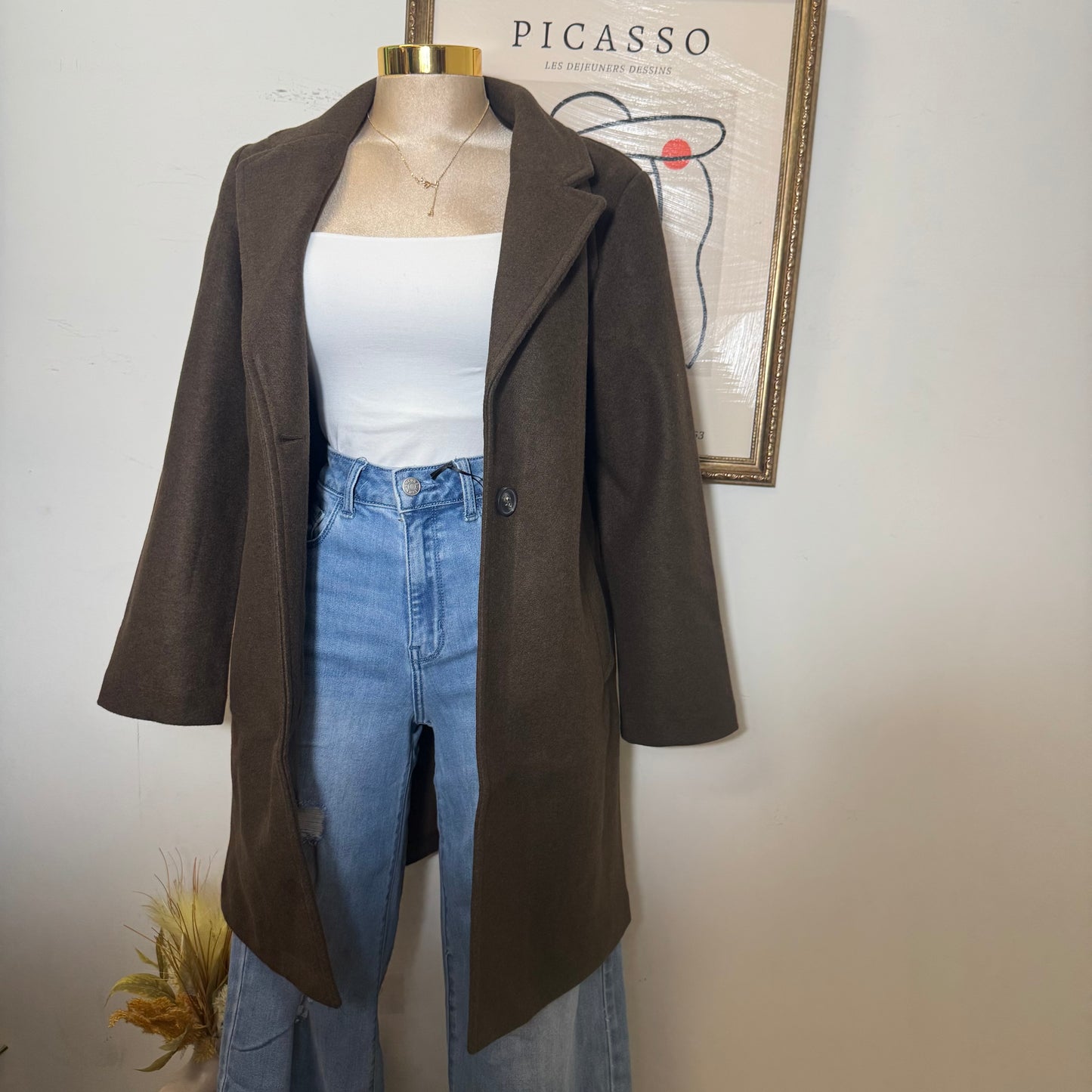 Notched Lapel Long Sleeve Coat-Brown