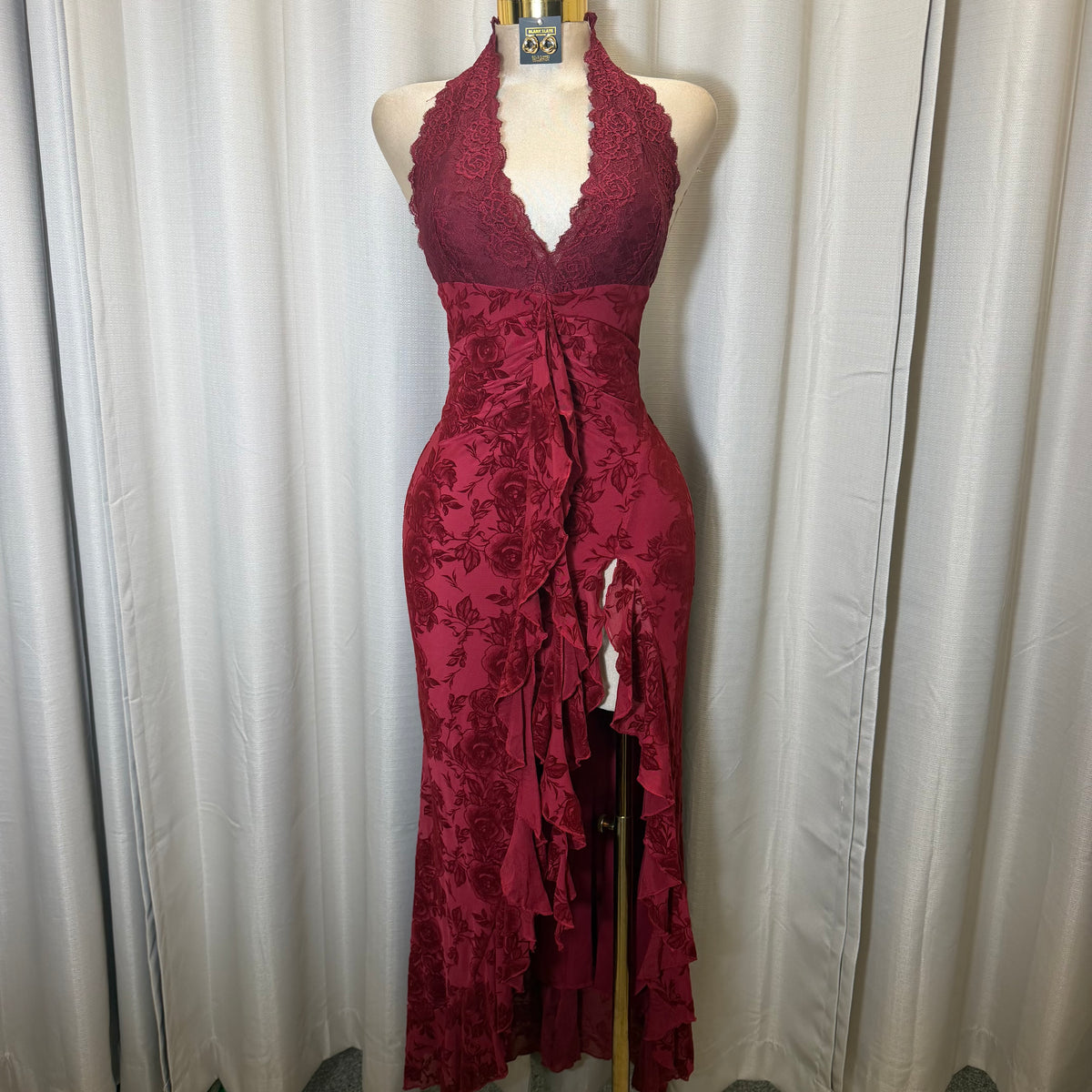 Halter Lace Detail Floral Dress-Red/Burgundy