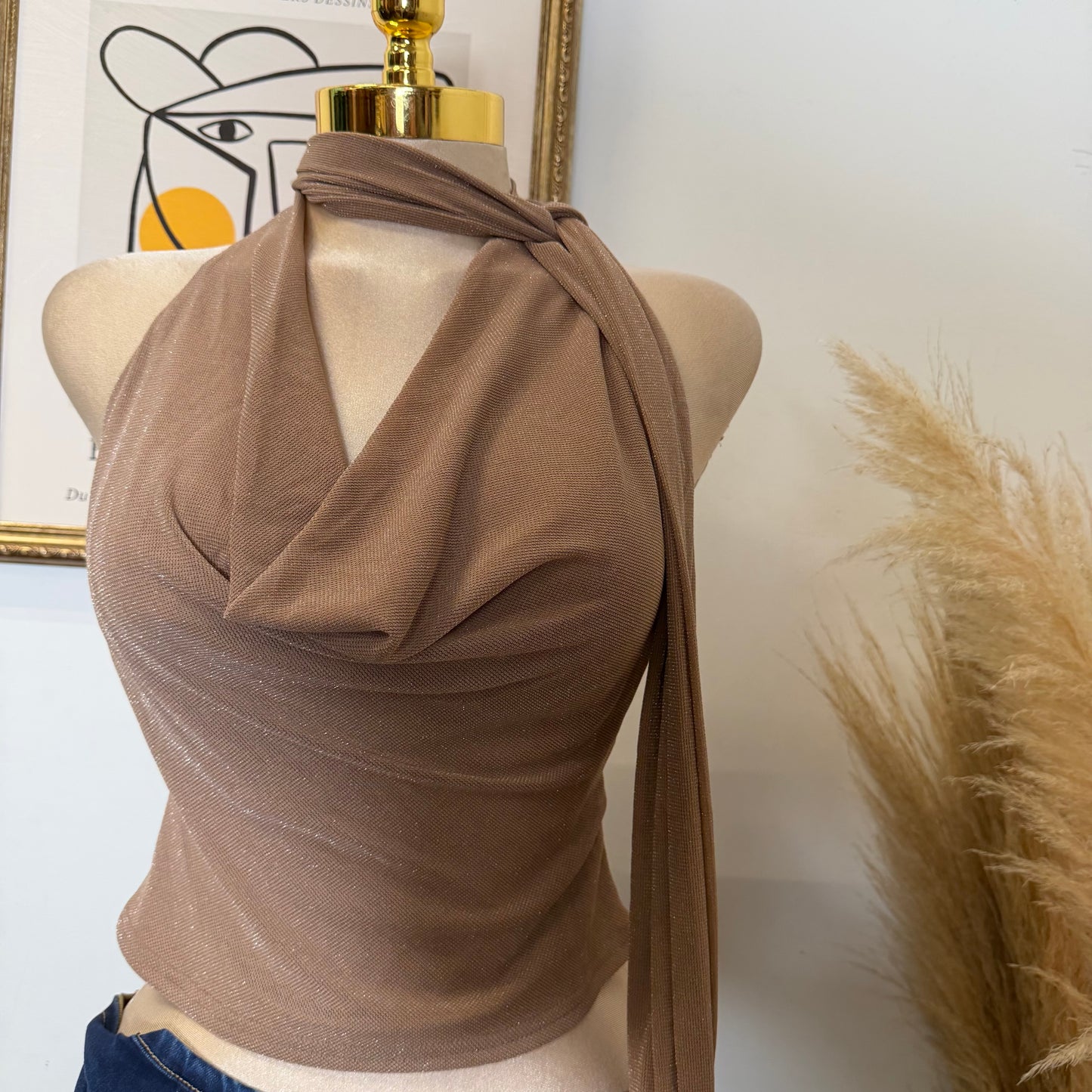 Halter cowl Neck Scarf Top-Brown