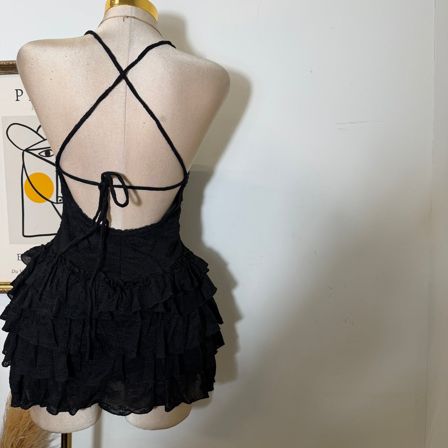 Ruffle lace-Up Mini Dress-Black