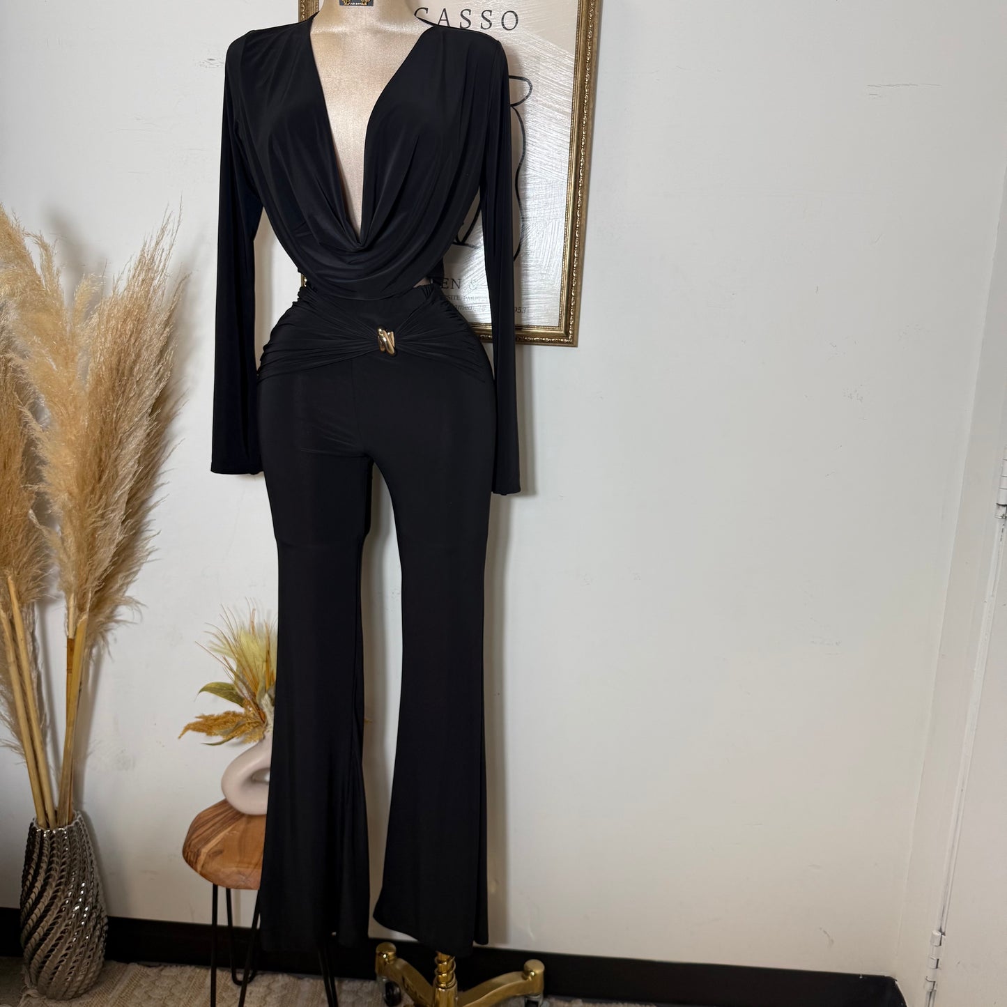 Long Sleeve Crop Top Pant Set-Black