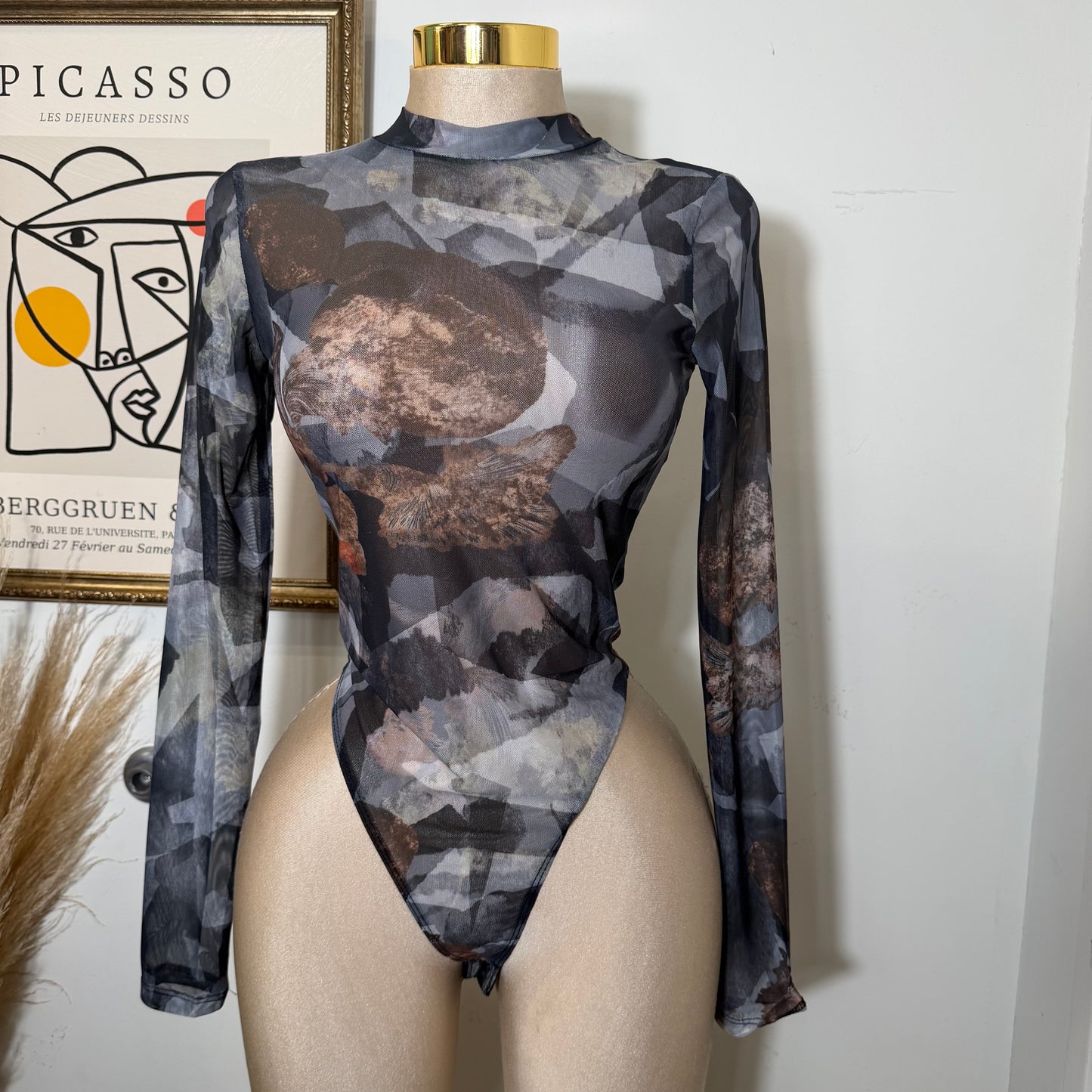 Black Long Sleeve Mesh Top Bodysuit-Black