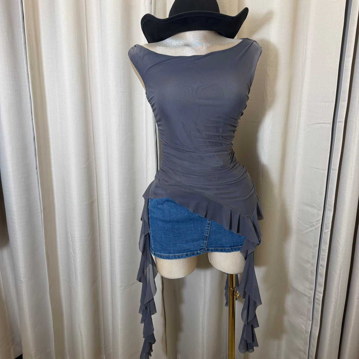 Mesh Asymmetrical Top with Ruffle-charcoal