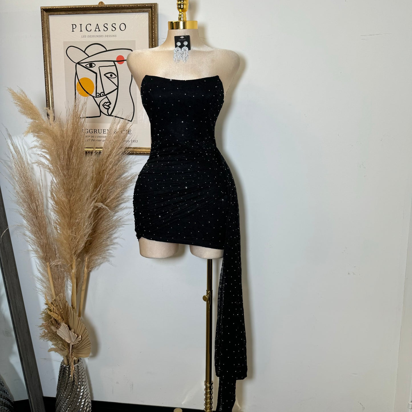 STUDD HOTFIX REGISTERED LACE STRAPLESS MINI BODYCON DRESS-Black