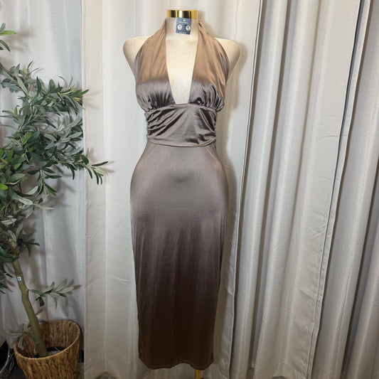 STRETCH SATIN KNIT OPEN BACK MIDI DRESS-Cocoa/Beige