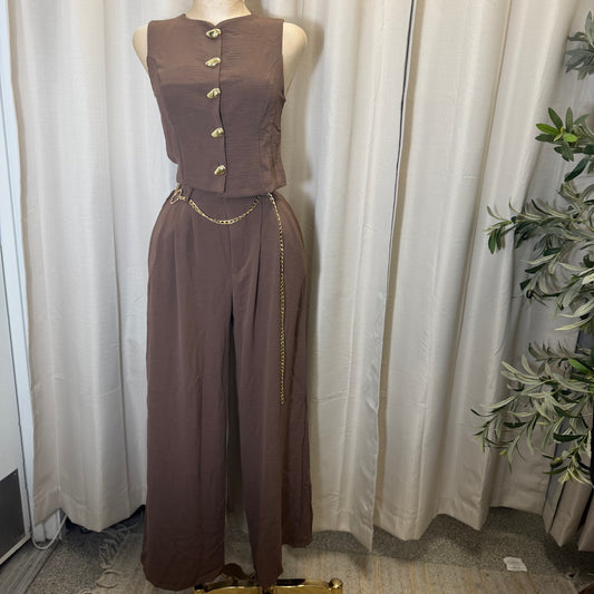 Front button Down Crop Top and Chain Belt Wide leg pant set-brown