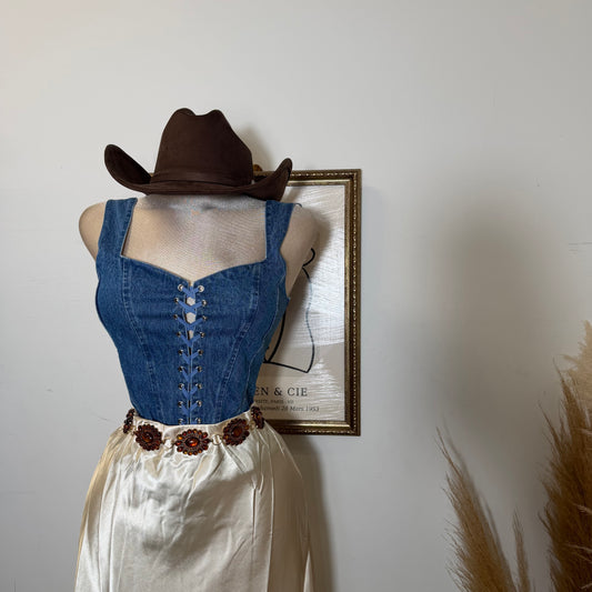 Lace up Denim Crop Top-Medium Blue