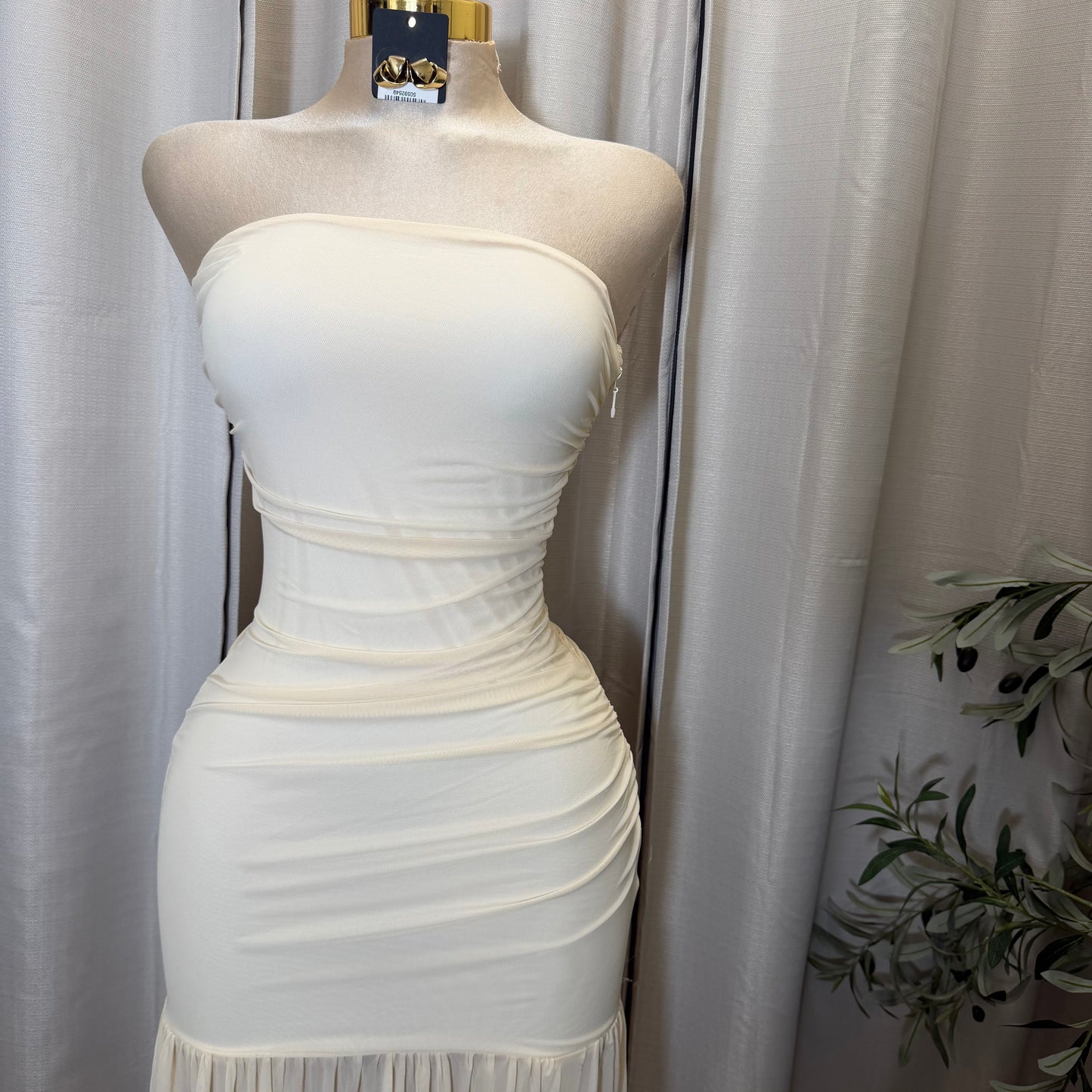 STRAPLESS RUCHED BODICE DROP WAIST MAXI DRESS-Cream