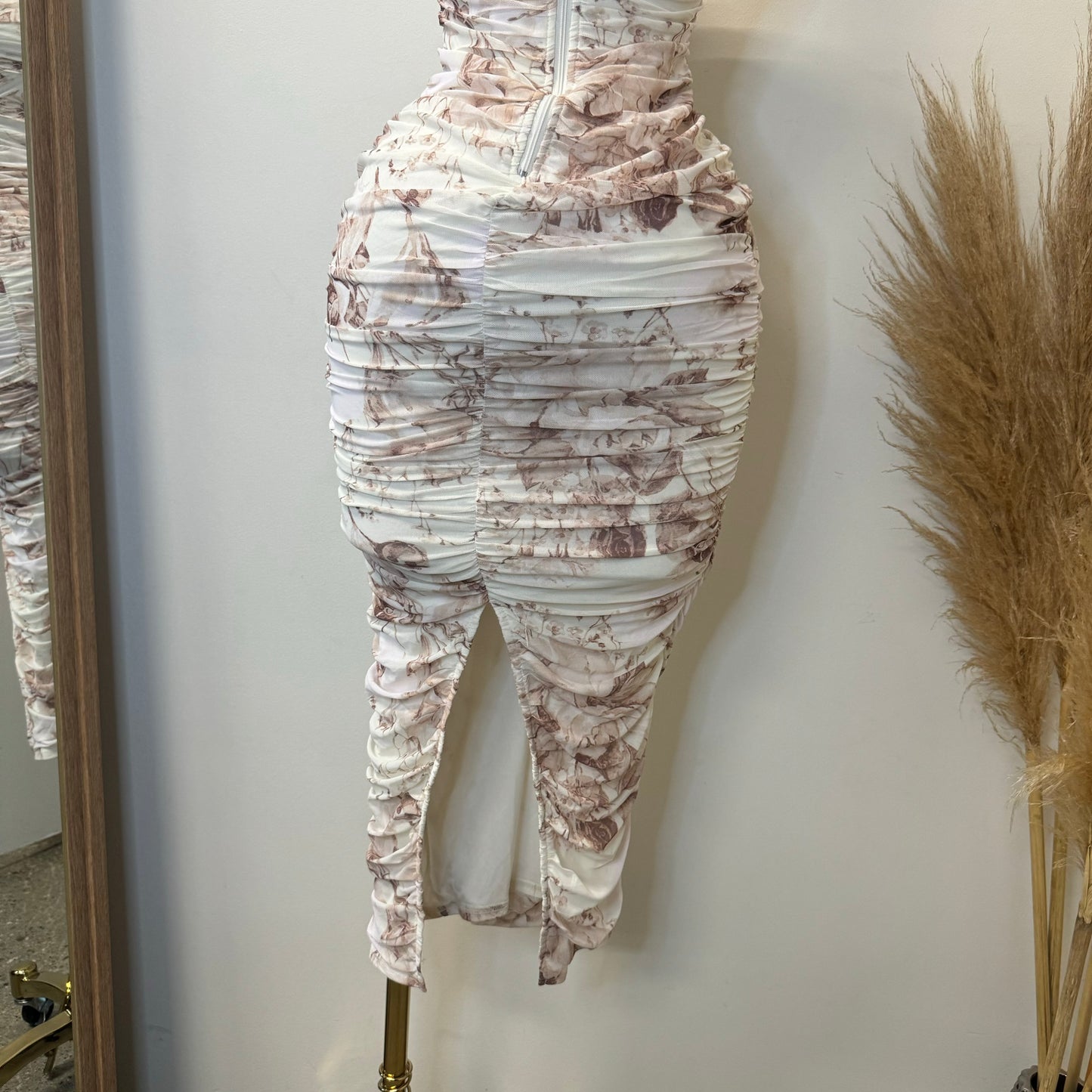 Daisy Floral Mesh Rossete Ruched Midi Dress-Brown