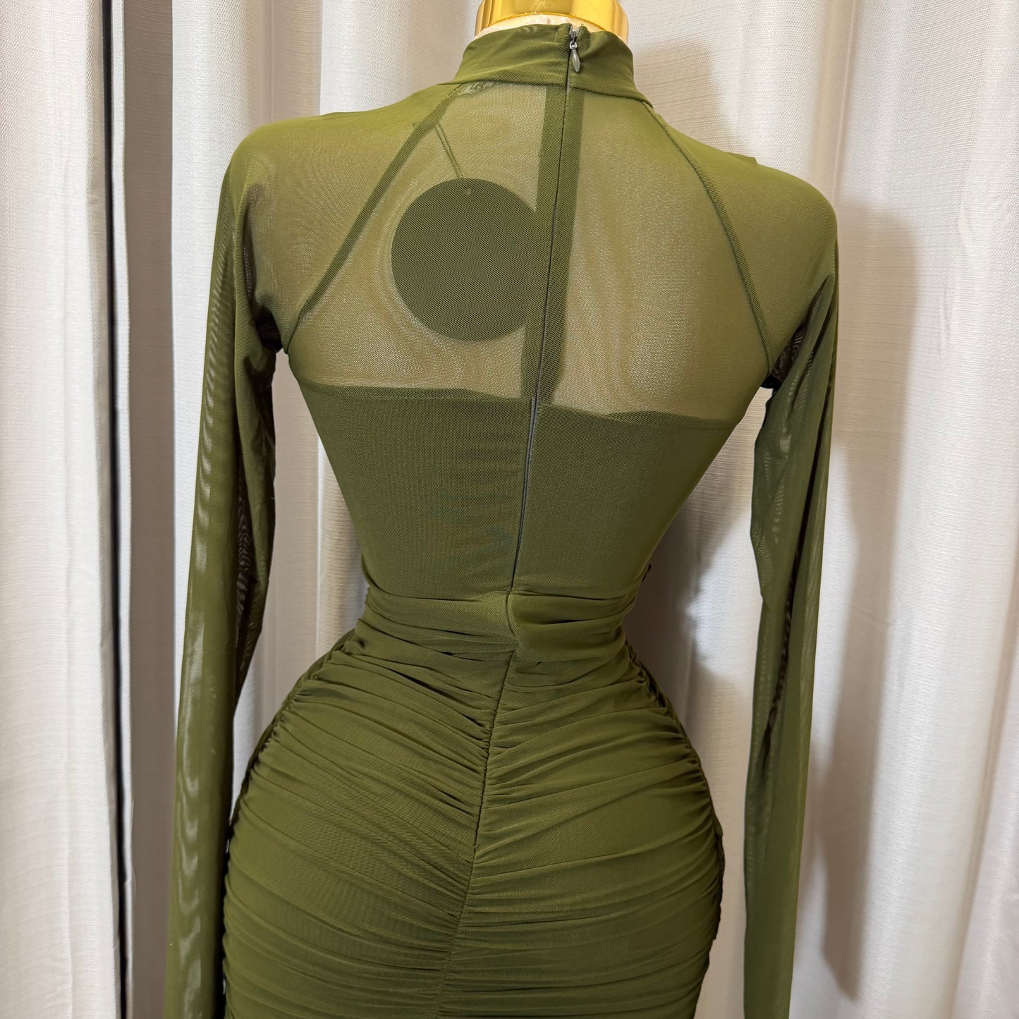 Long sleeve Mesh  Dress-Olive
