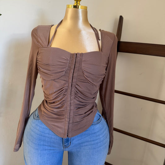 Long Sleeve Corset Top-Brown