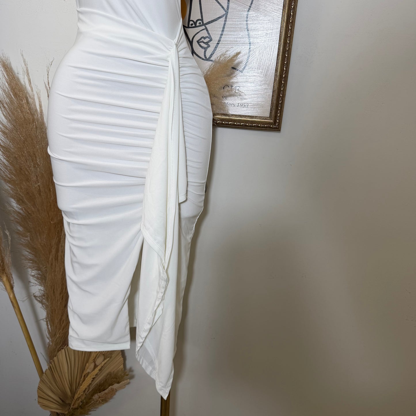 Sleeveless Mock Neck Ruffle Midi Dress-Ivory