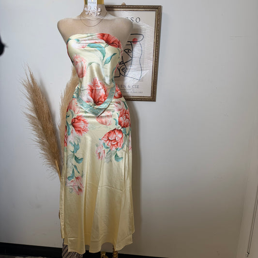Floral strapless Satin Top and Maxi skirt set-Butter yellow