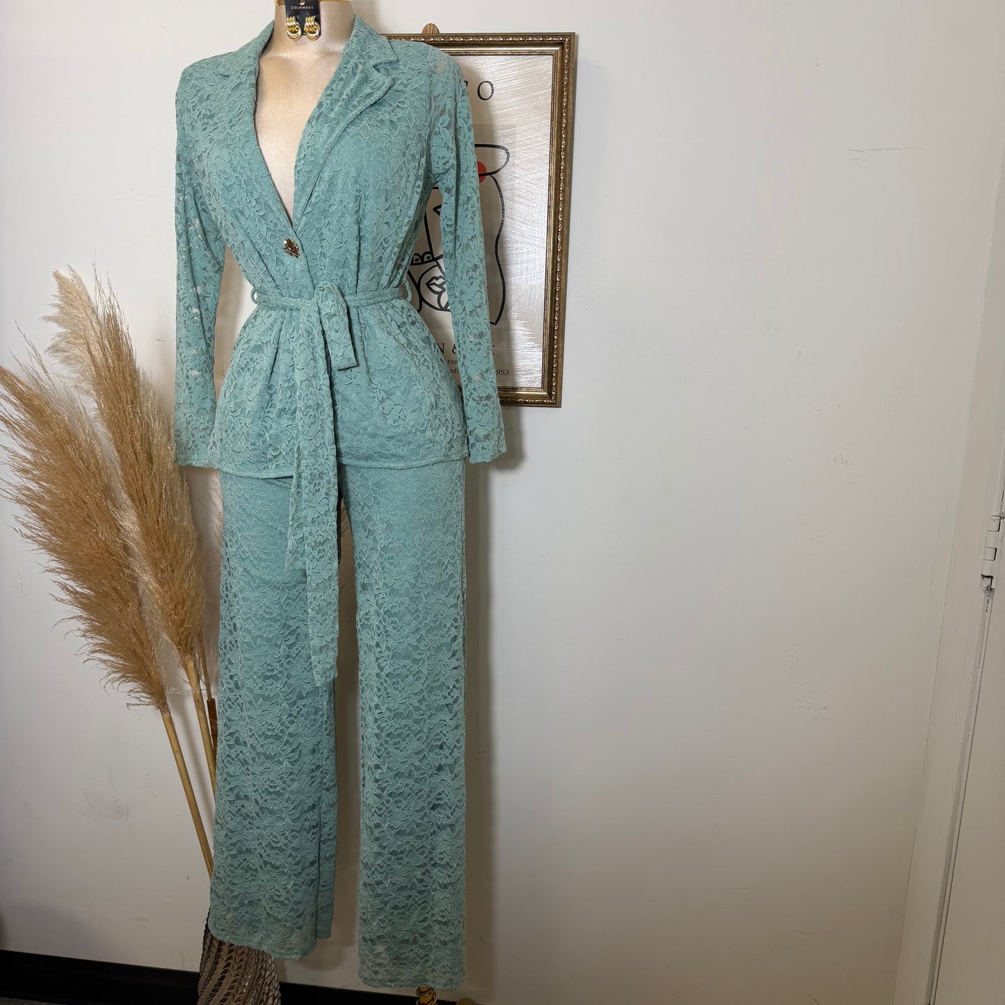 Lace blazer Pant Set -Sage Green
