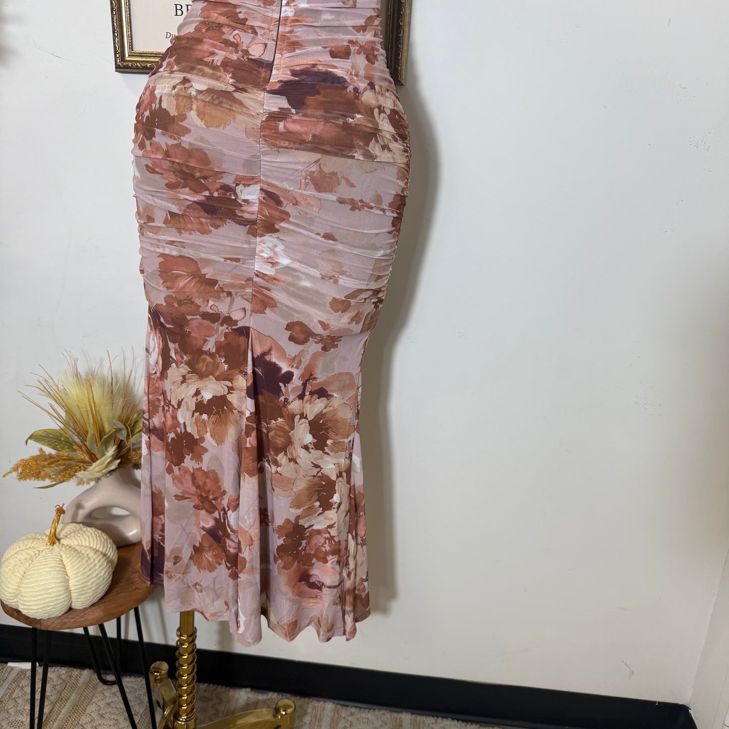 Off Shoulder Bustier Ruching Maxi Dress-brown