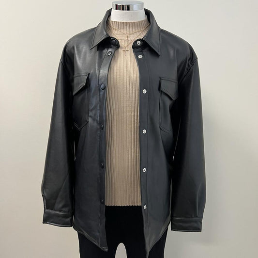 Jayla Button Down Leather Jacket PL- Black