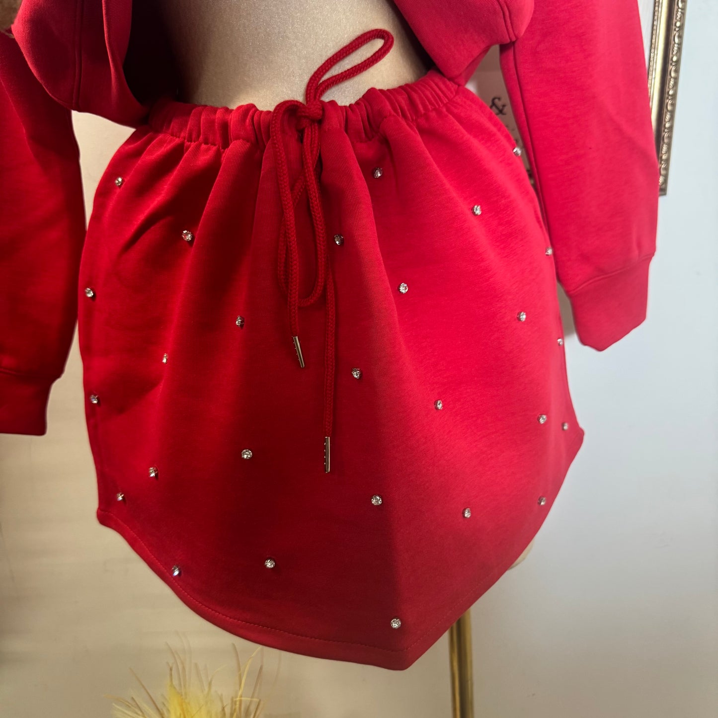 Long Sleeve Embellish scuba Polo Set-Red