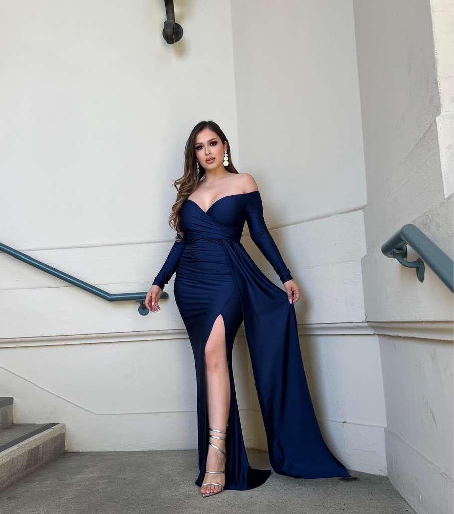 Off shoulder long sleeve Maxi Dress-Navy