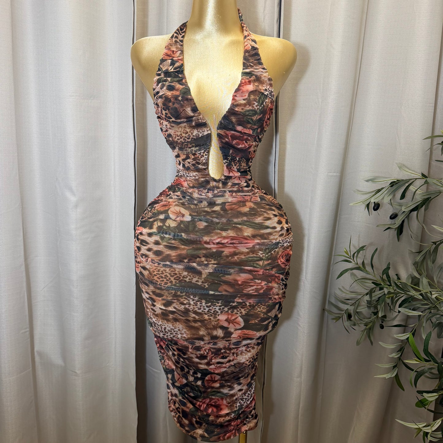 U WIRE INSERT HALTER MIDI DRESS-Brown Multi