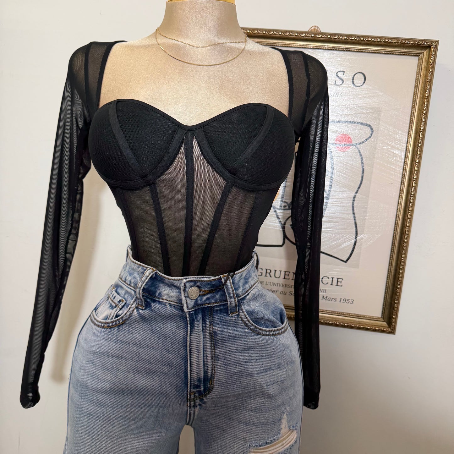 Long Sleeve Mesh Corset Top with Sewn bra Cups-Black