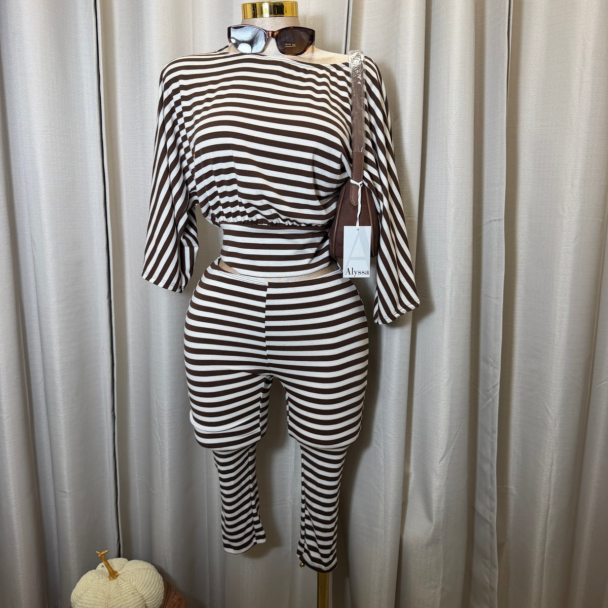 Crop Top Capri stripe set-Chestnut/Off white