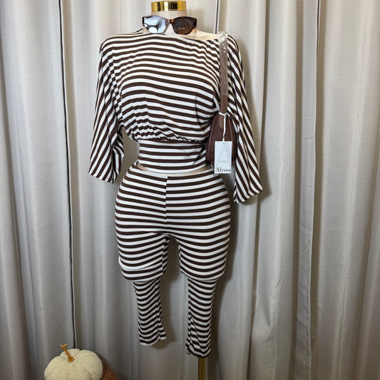Crop Top Capri stripe set-Chestnut/Off white