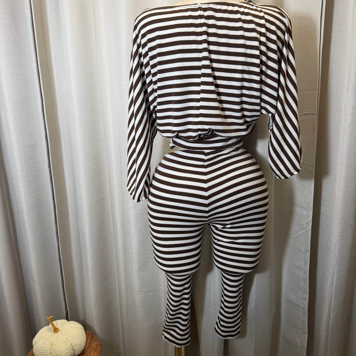 Crop Top Capri stripe set-Chestnut/Off white