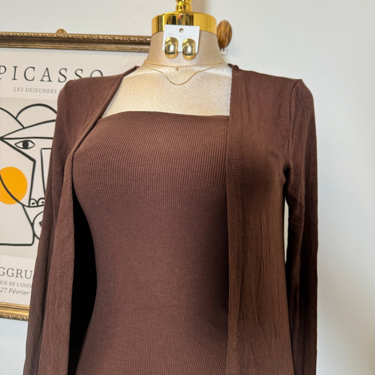 Strapless Ribbes Dress with Cardigan-Brown