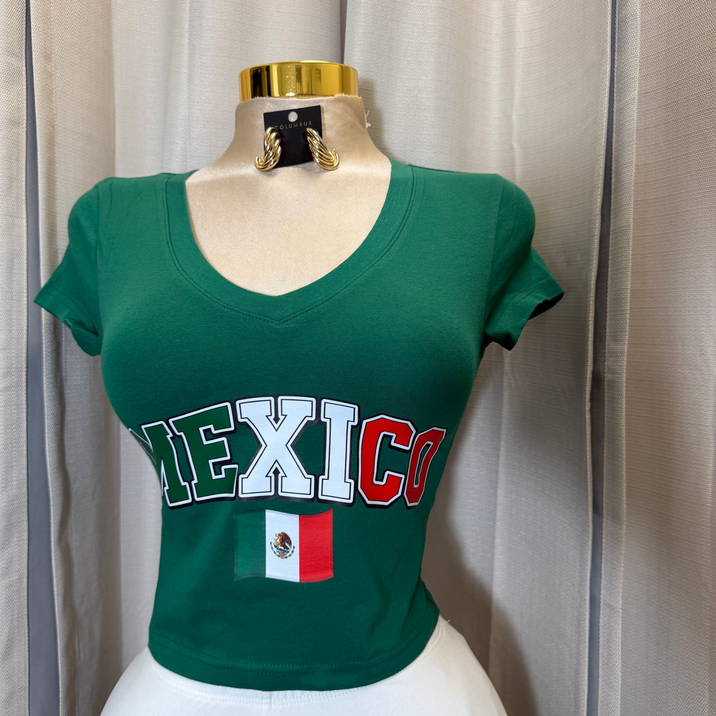 V neck Mexico Crop Top-Green