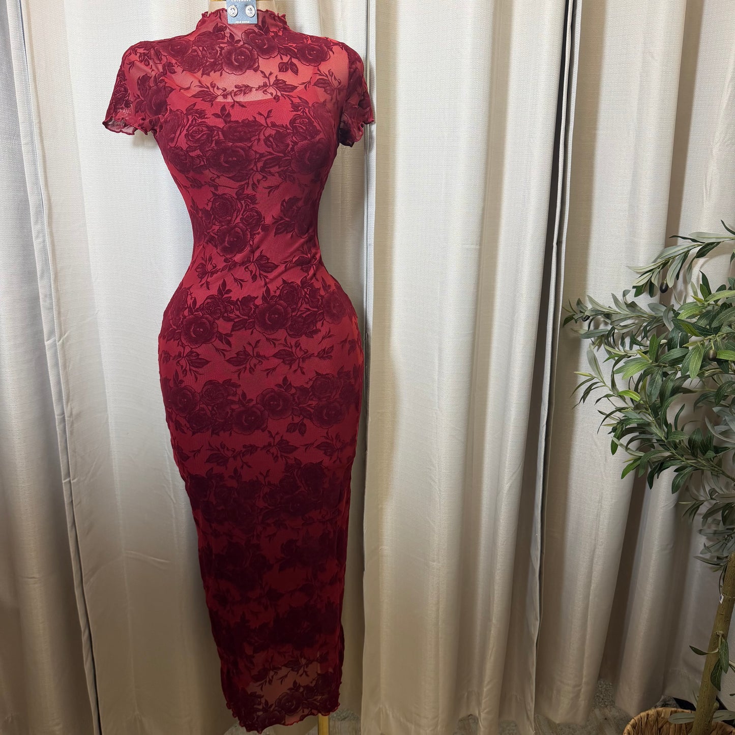 Luxi Mesh Flower Print Dress-Burgundy