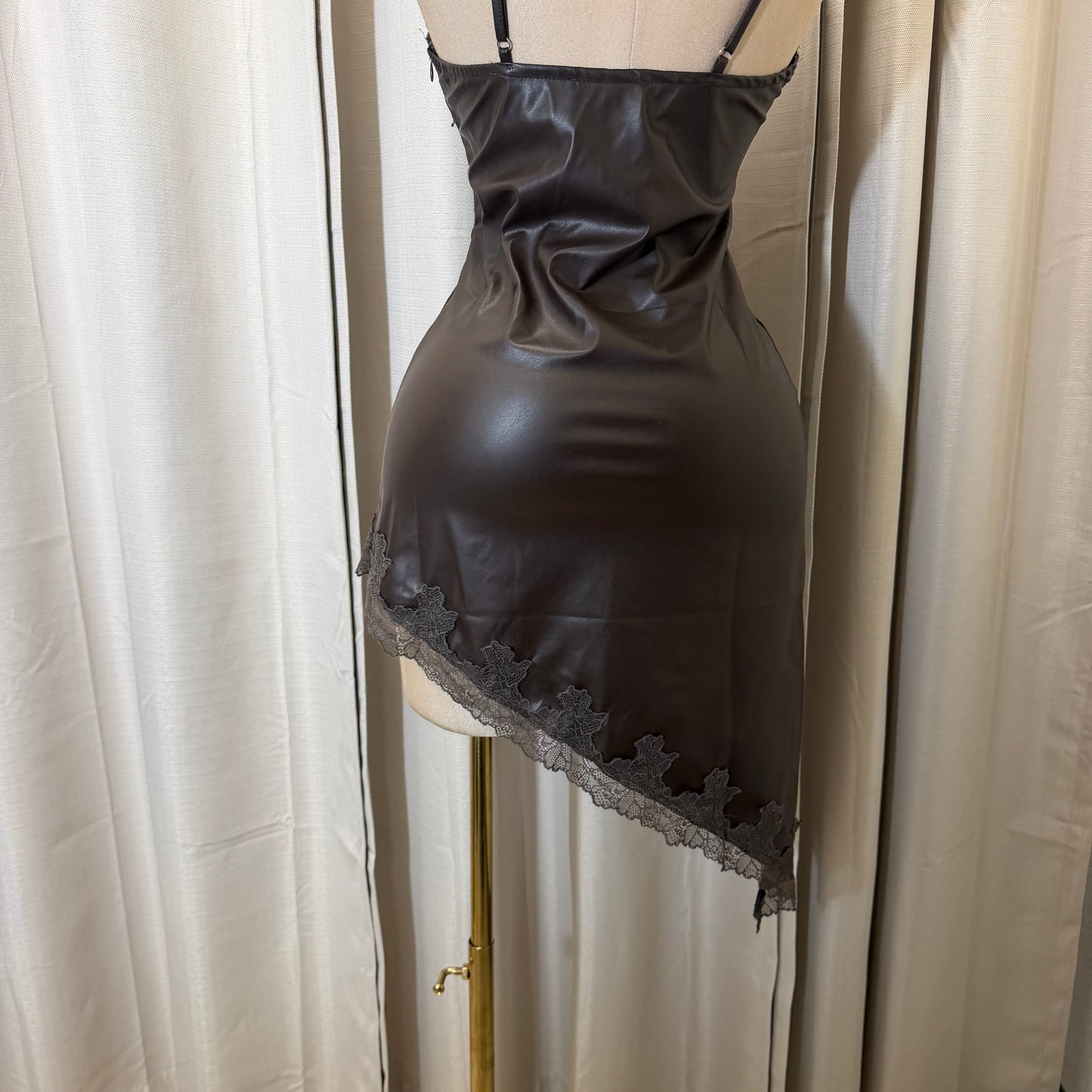 Asymmetrical Pu leather Lace detail Dress-Brown