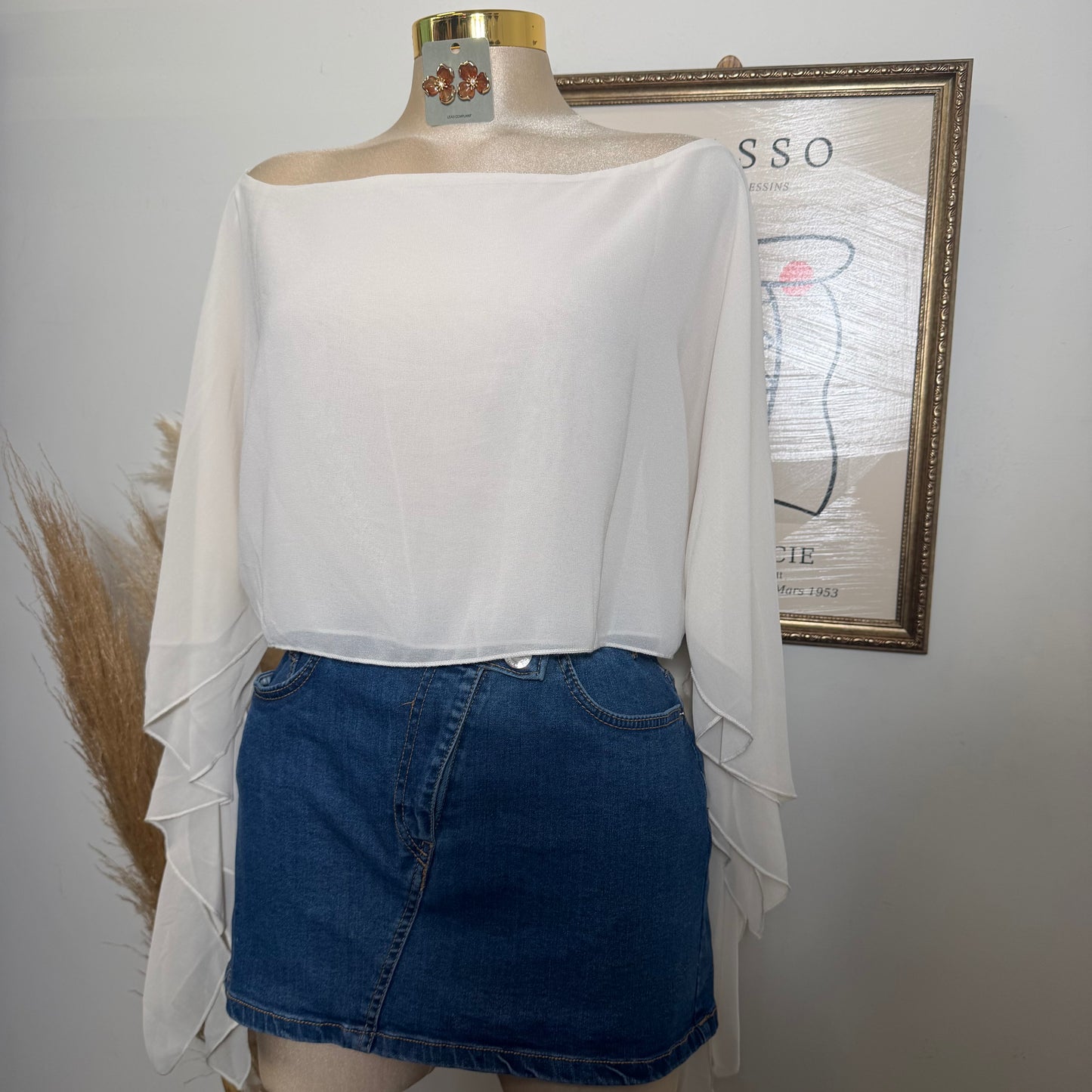 Sheer One-Shoulder Drape Crop Top-Cream