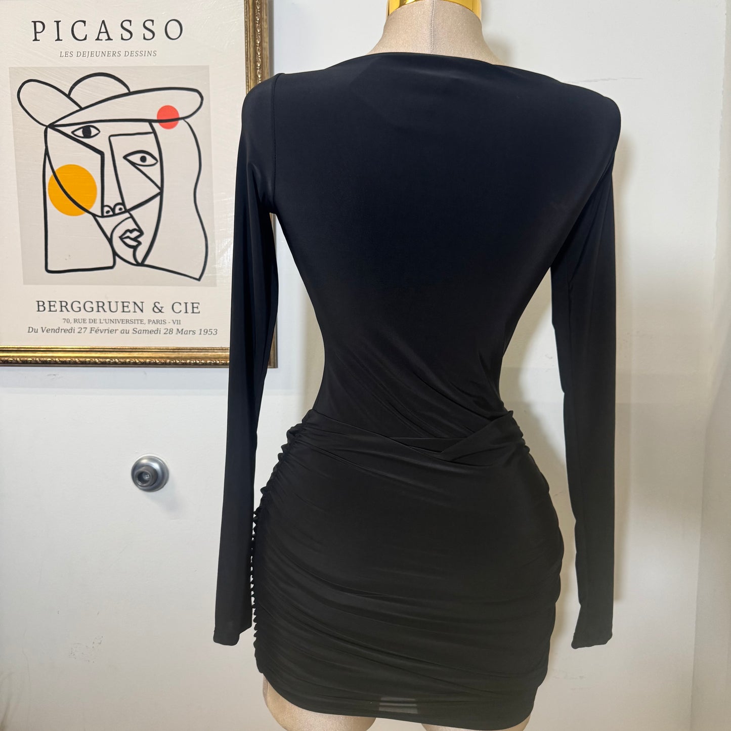 Long Sleeve Ruched Mini Dress-Black