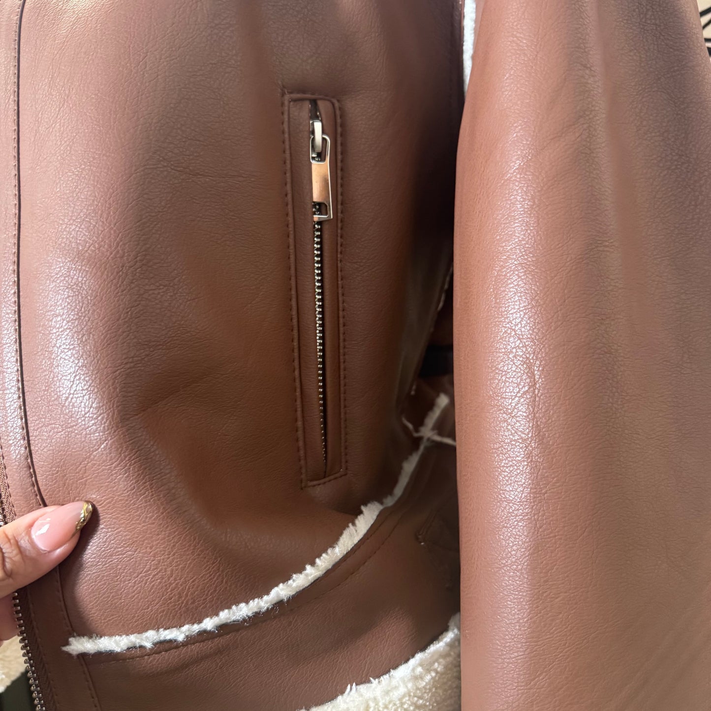 Sherpa Fur Lined PU Jacket-Brown