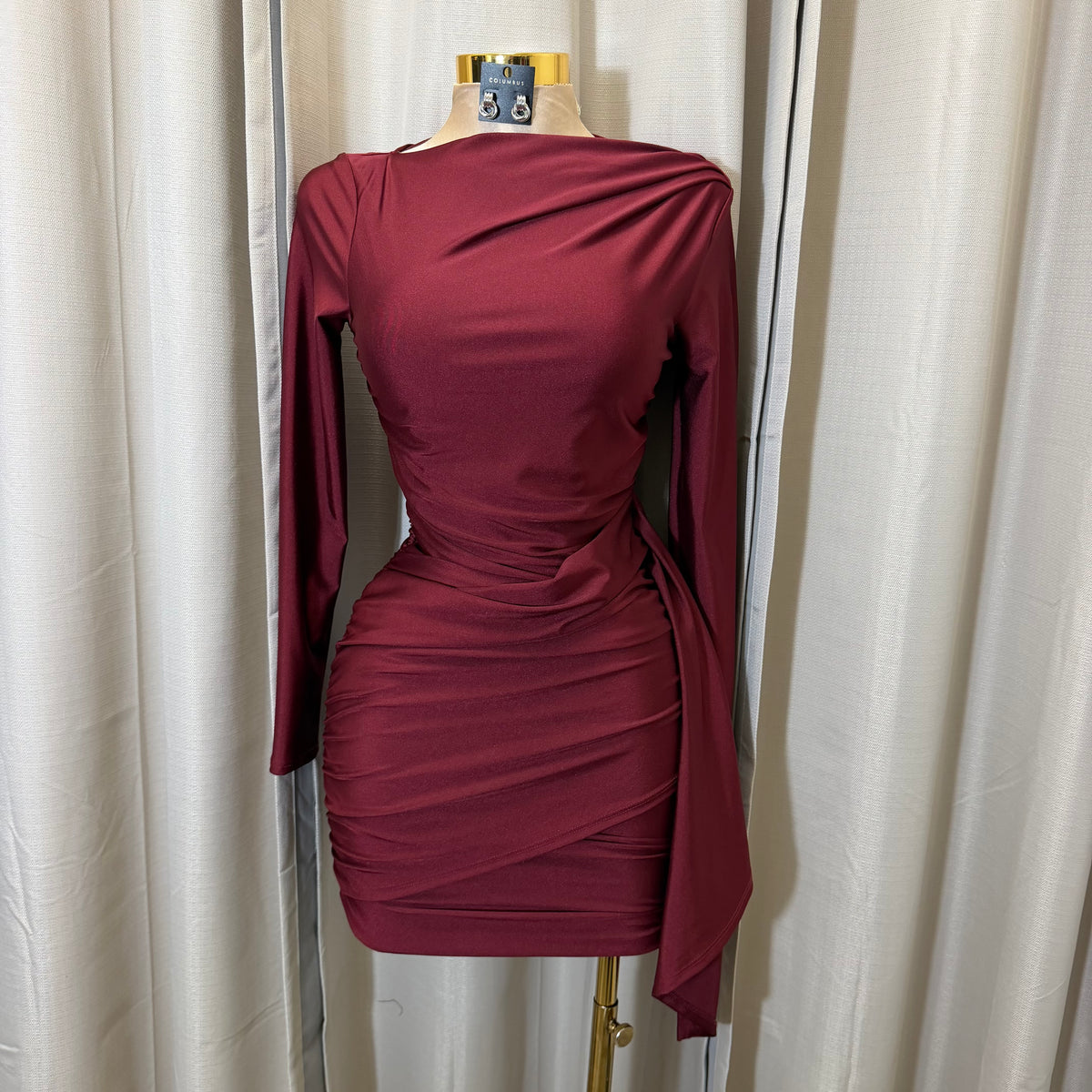 Long Sleeve Mini Dress Mock Neckline-burgundy